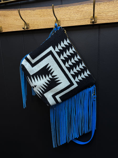 Electric Blue Leather and Pendleton Wool with Fringe
