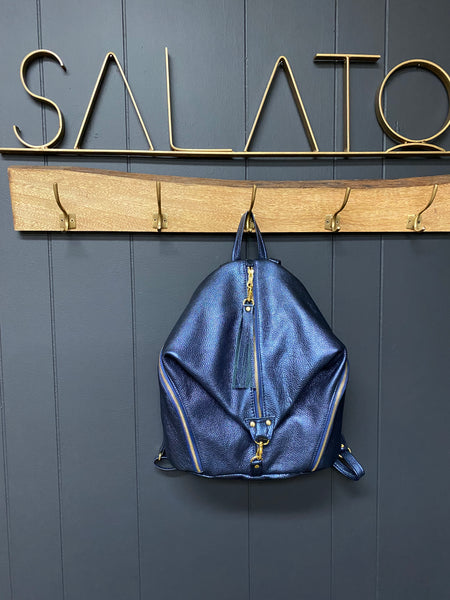 Shimmery Navy Italian Leather Backpack